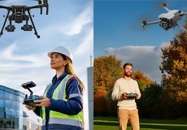 Pilota amatoriale con drone ricreativo in un parco e pilota professionista con drone per ispezioni tecniche, a rappresentare le diverse esigenze assicurative.