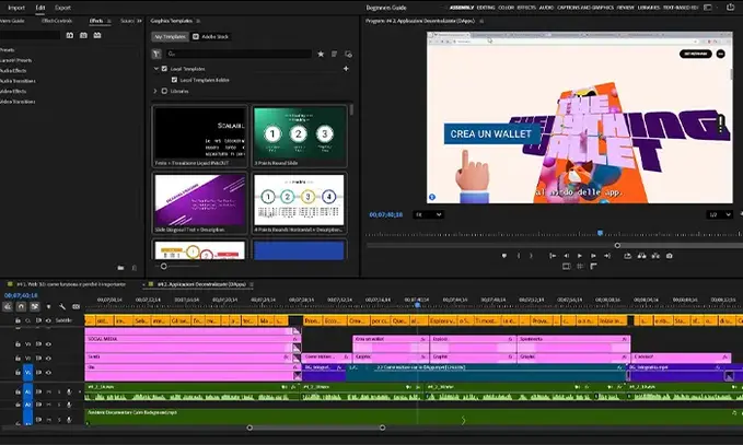 Screenshot dell'interfaccia del software di post-produzione video Adobe Premiere Pro CC.