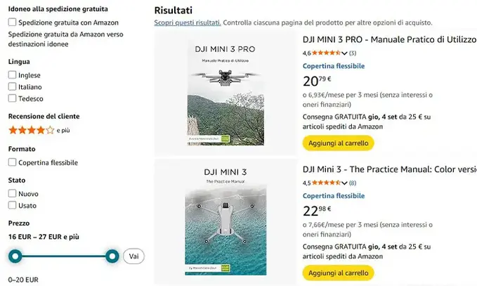 Schermata di Amazon con manuali DJI di Massimiliano Zeuli.