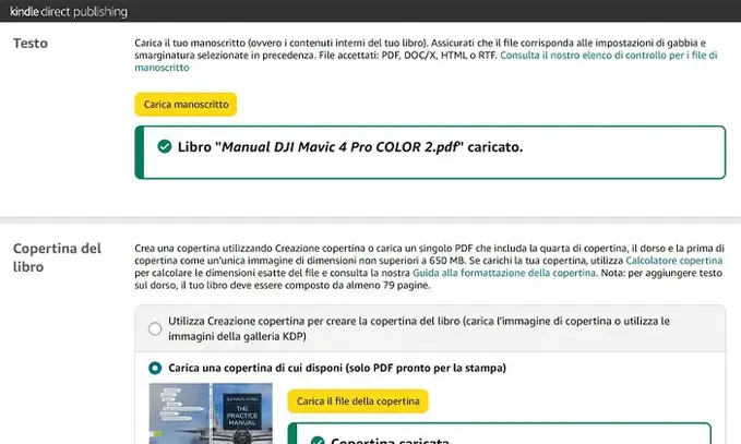 Schermata della pagina di caricamento del manuale su Amazon KDP.
