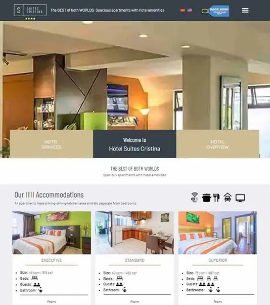 Home page del sito web realizzato per Suites Cristina. Hotel in Costa Rica.