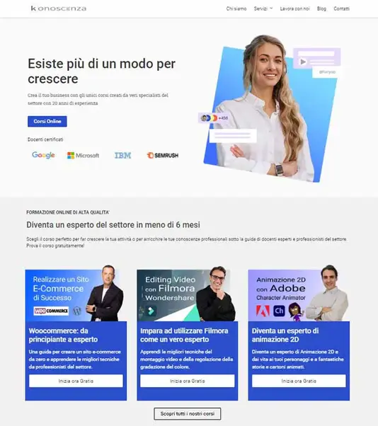 Home page del sito web realizzato per la piattaforma di corsi online Konoscenza.